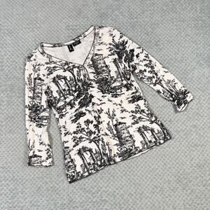 vintage y2k white/black scenery printed quarter sleeve babydoll blouse s